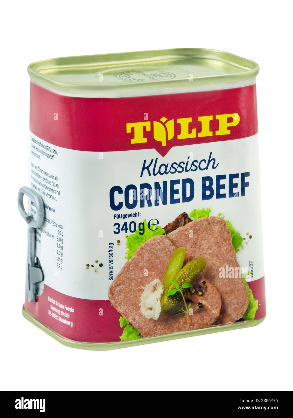 Hamburg, Deutschland - 4. August 2024: Deutsche Corned Beef Tulpe isoliert auf weißem Hintergrund Stockfoto