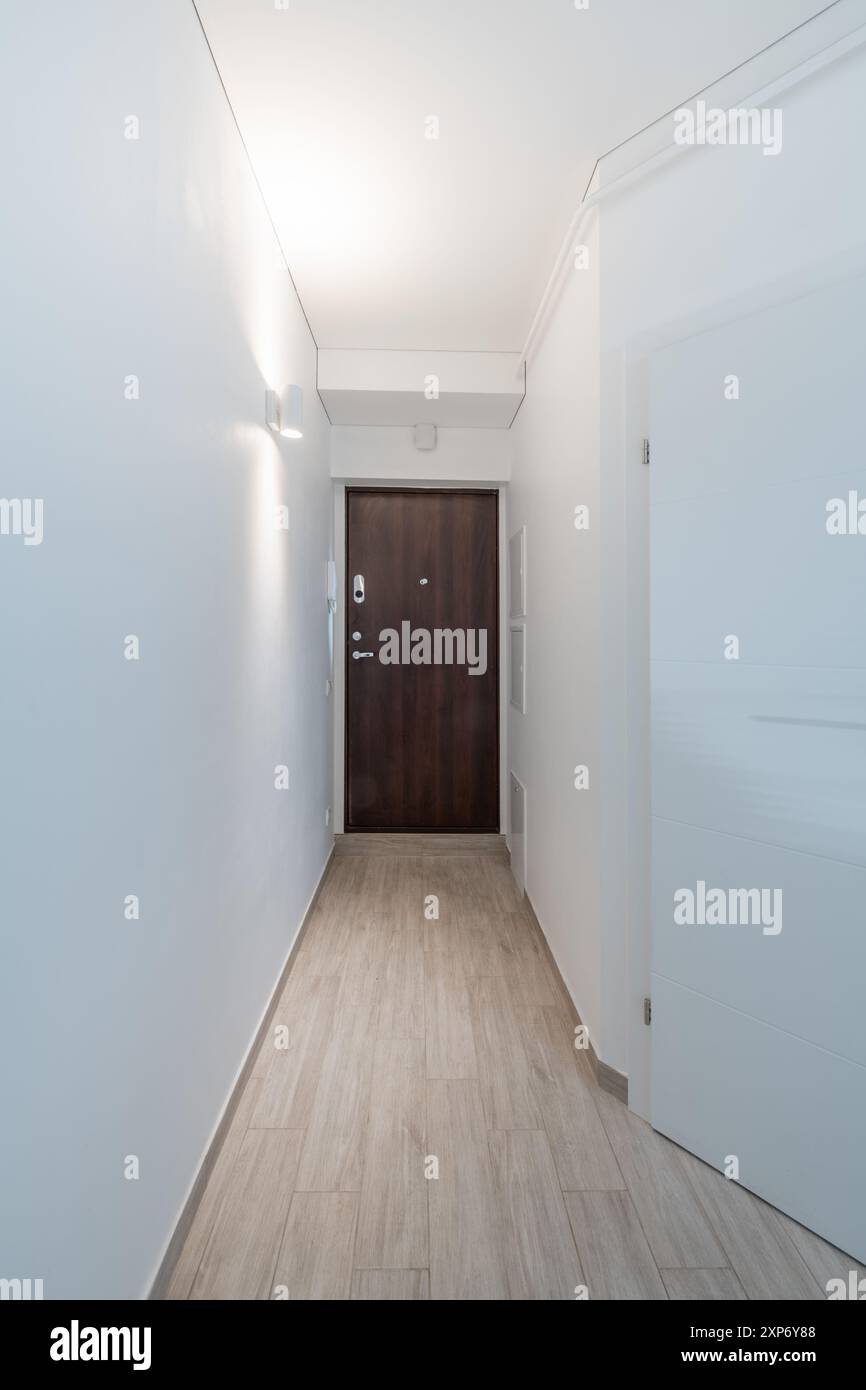 Eingangsbereich Zu Hause. Innenraum. Hölzerne Außentür, Brauner Boden. Minimalismus. LED-Leuchte. Weitwinkel Stockfoto