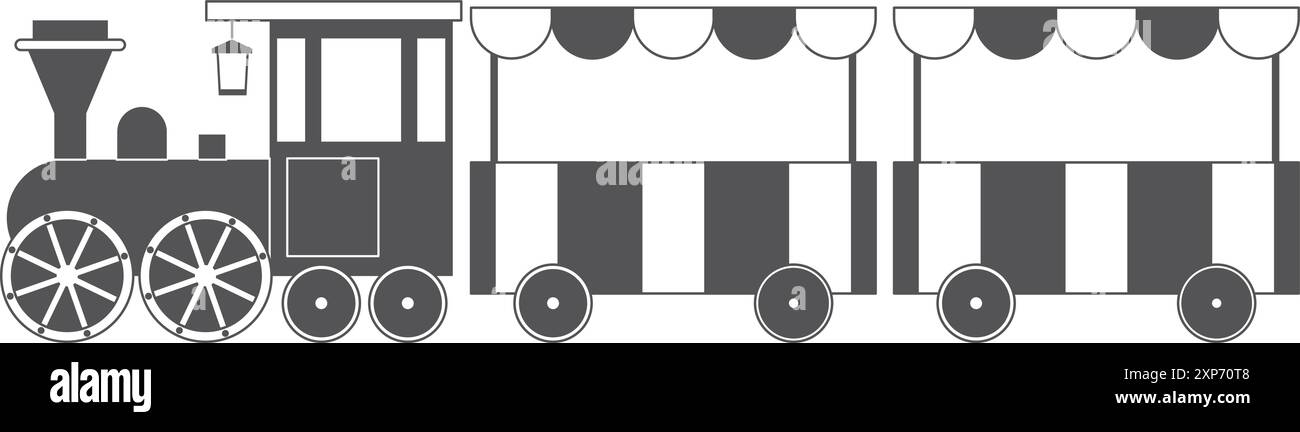 Schwarzes Symbol der Kinderbahn. Lokomotiven und Eisenbahnwaggons Stock Vektor