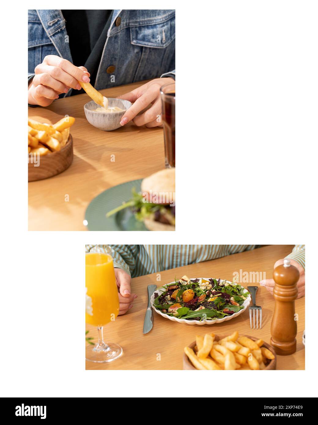 Die Frau hat Salat und Pommes frites zum Mittagessen am Café-Tisch Stockfoto