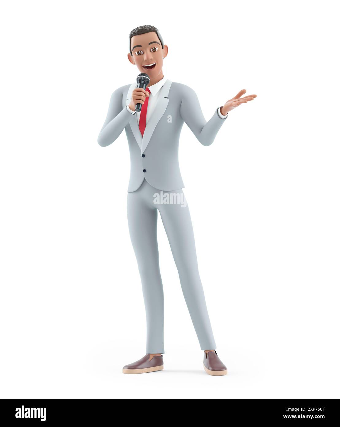 Geschäftsmann mit 3D-Charakter, der in ein Mikrofon spricht, Illustration isoliert auf weißem Hintergrund Stockfoto