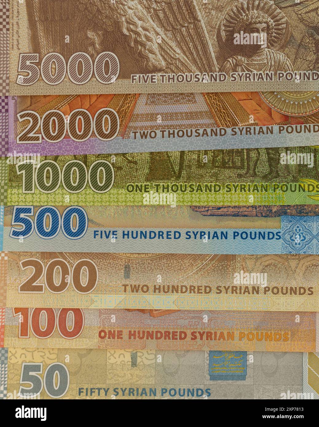 Nahaufnahme der syrischen Pfund-Währungsscheine auf der Gegenseite Stockfoto