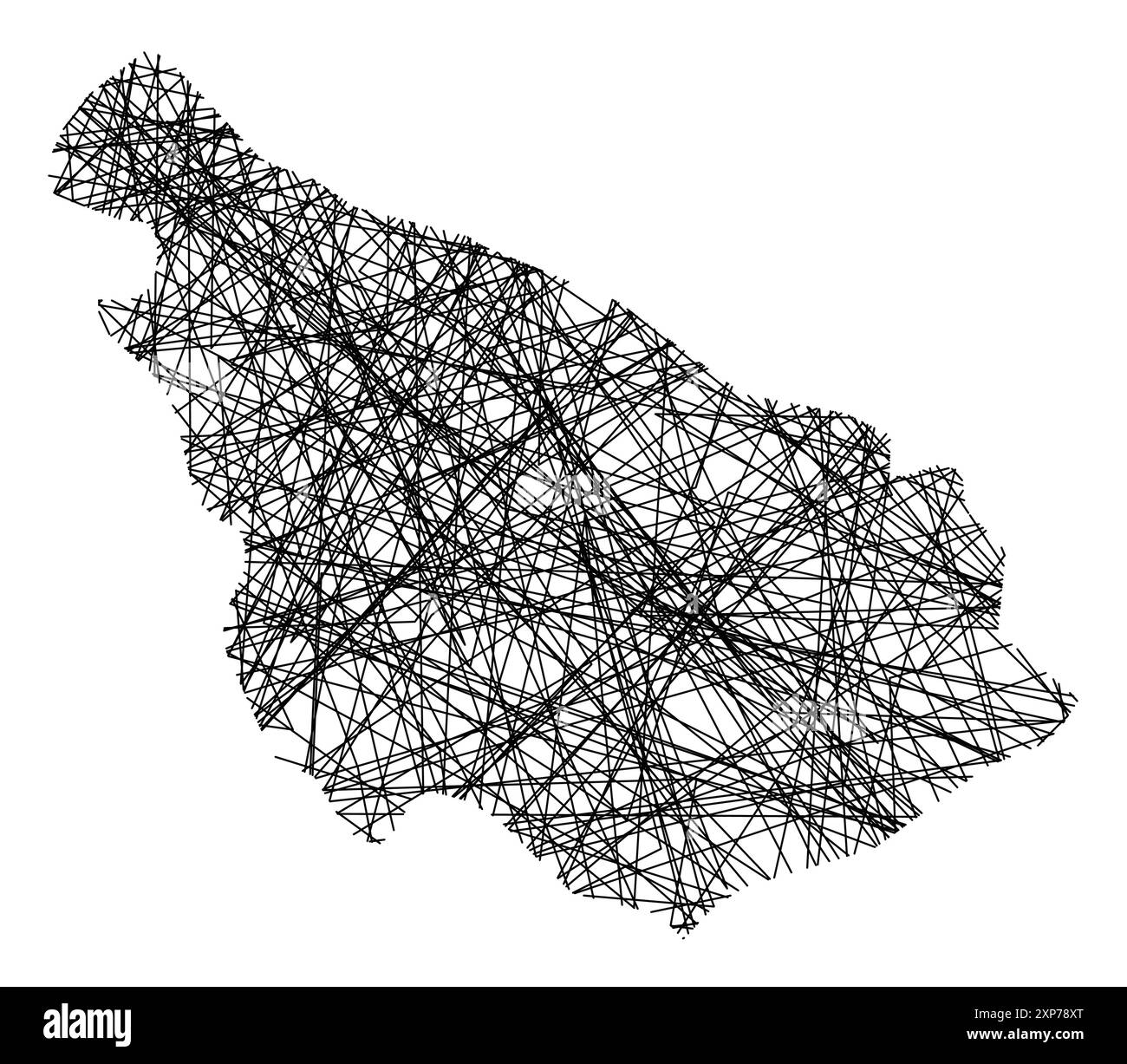 Symbolkarte der Provinz Brindisi (Italien), die den Staat mit schwarzen, kreuzenden Linien wie Mikado-Sticks oder einem Spinnennetz zeigt Stock Vektor