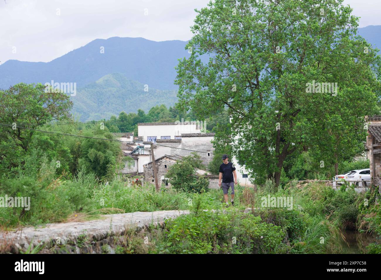 (240804) -- YIXIAN, 4. August 2024 (Xinhua) -- Armin Schober schlendert in der Nähe seiner Gastfamilie im Dorf Tachuan, County Yixian, Stadt Huangshan, ostchinesische Provinz Anhui, 1. August 2024. Armin ist ein österreichischer Geschäftsmann, der im Dorf Tachuan im County Yixian lebt. 2021 reiste Armin mit seiner Familie nach Tachuan, wo sie von der malerischen Landschaft und der unverwechselbaren lokalen Kultur angezogen wurden. Armin und seine chinesische Frau Huang Qiong beschlossen, sich mit ihrer Tochter Alina im Dorf niederzulassen und eine Gastfamilie zu übernehmen. Die Gastfamilie wurde nach Alina als „Alina's Garden“ benannt, was auf den Ex des Paares hindeutet Stockfoto