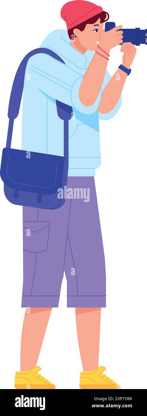 Mann macht Fotos im Freien. Touristischer Charakter isoliert auf weißem Hintergrund Stock Vektor