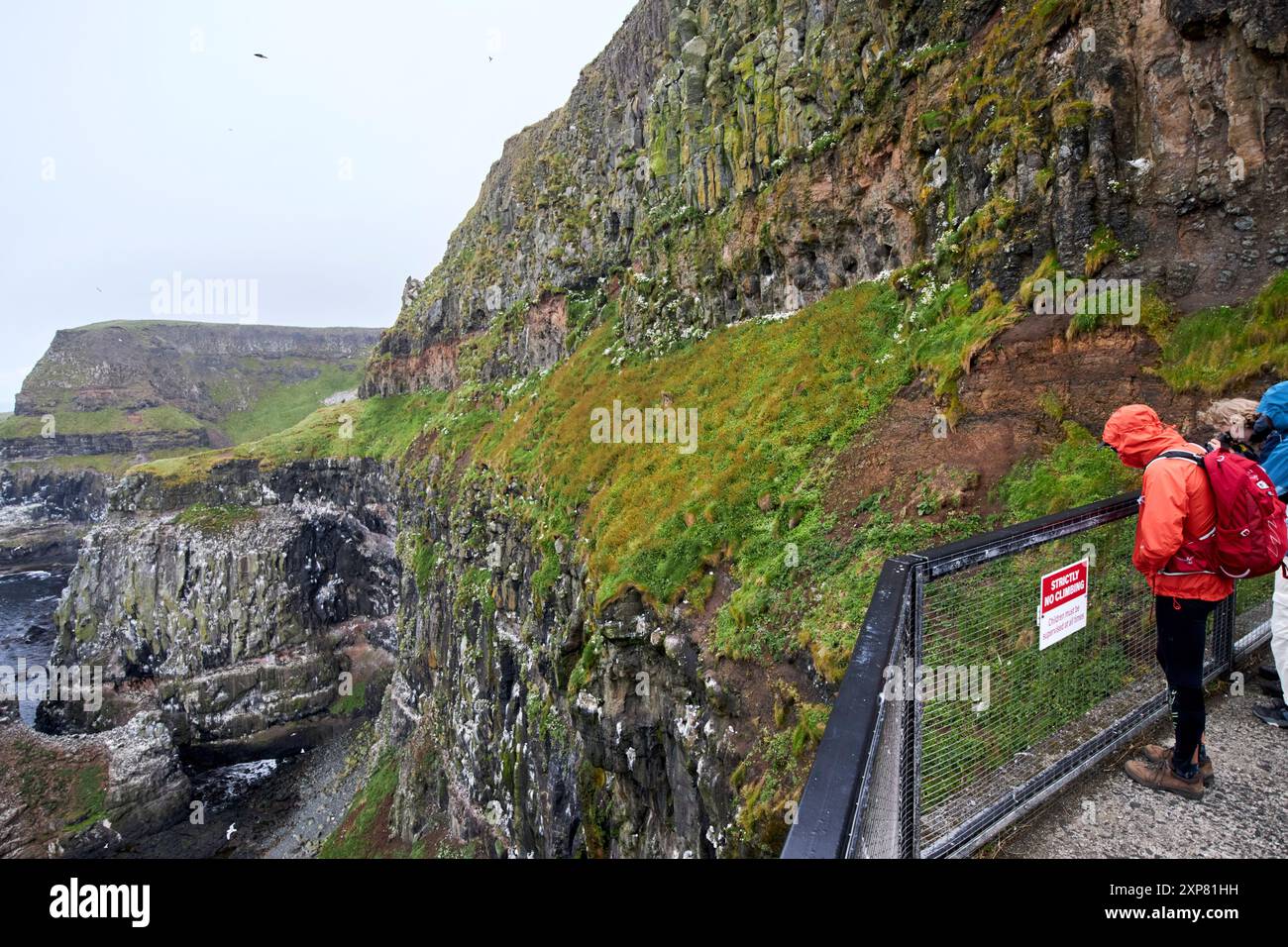 Touristen, die durch ein Fernglas am rspb Centre rathlin West Leuchtturm rathlin Island, County antrim, Nordirland, großbritannien schauen Stockfoto