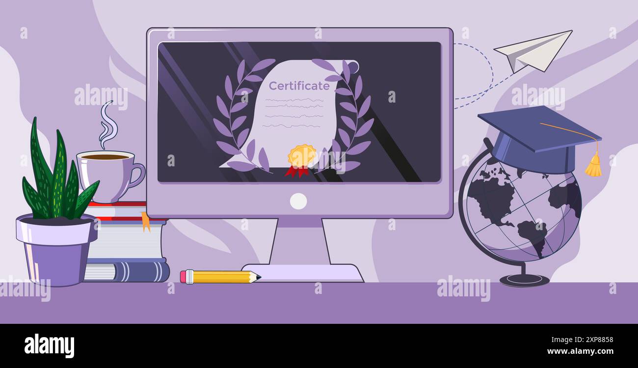 Konzept für Online-Schulungen oder Webinar-Kurse mit Zertifikat auf einem Monitor und einigen Lehrgegenständen, Bleistiften und Büchern auf einem Tisch in Stock Vektor
