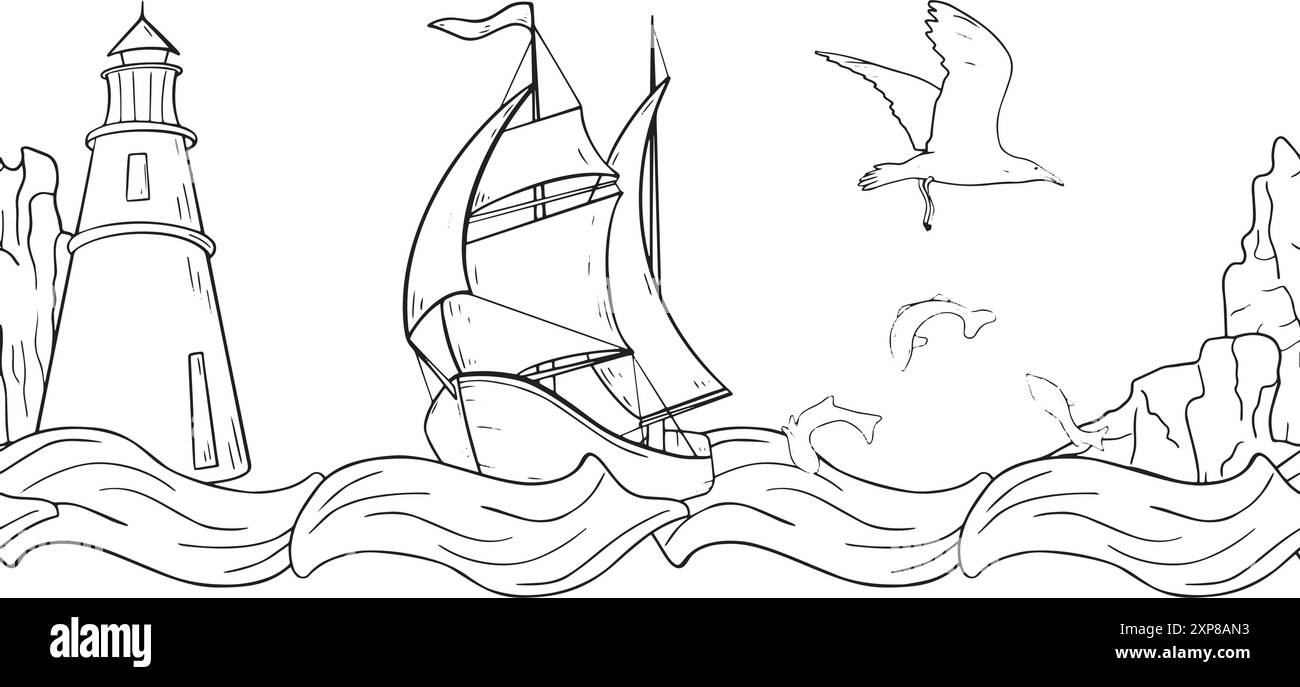 Nautische schwarz-weiße Vektor-nahtlose Grenze des Segelschiffs auf Welle. Die marineblaue Textur von Leuchtturm und Felsen ist eine grafische Liniengrafik. Boot Stock Vektor