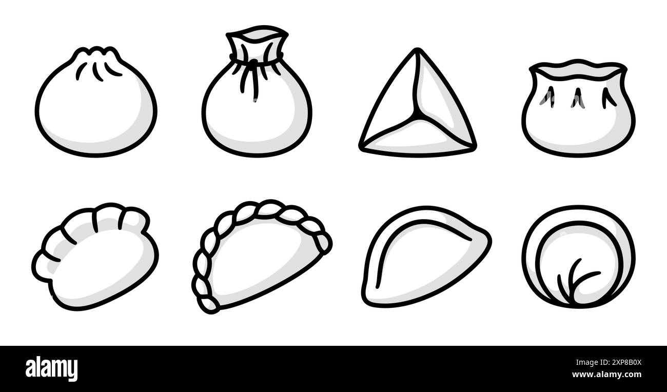 Verschiedene Knödelformen handgezeichnetes Doodle Set. Schwarzweißzeichnung, Symbole für Vektorlinien. Stock Vektor
