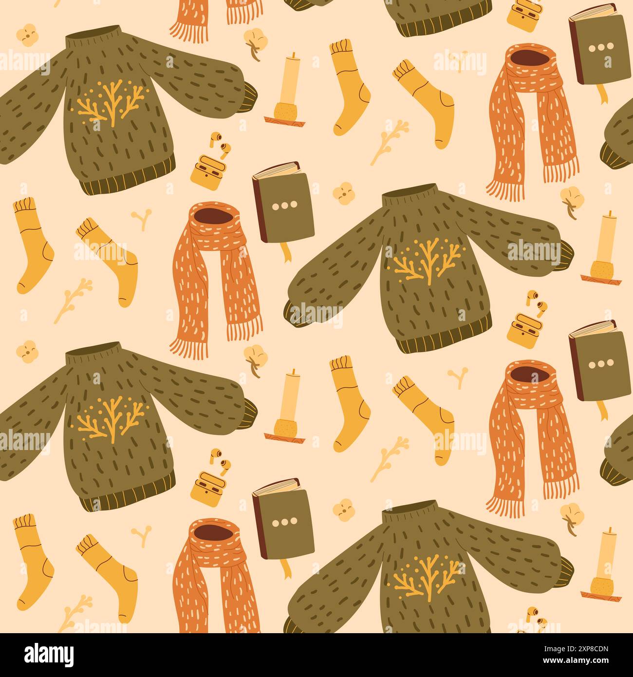 Nahtloses Kleidungsmuster. Pullover, Socken, Schal und Ohrhörer mit duftenden Kerzen endlosen Hintergrund. Gemütliches, herbstliches Wiederholungscover. Fortlaufender Orname Stock Vektor