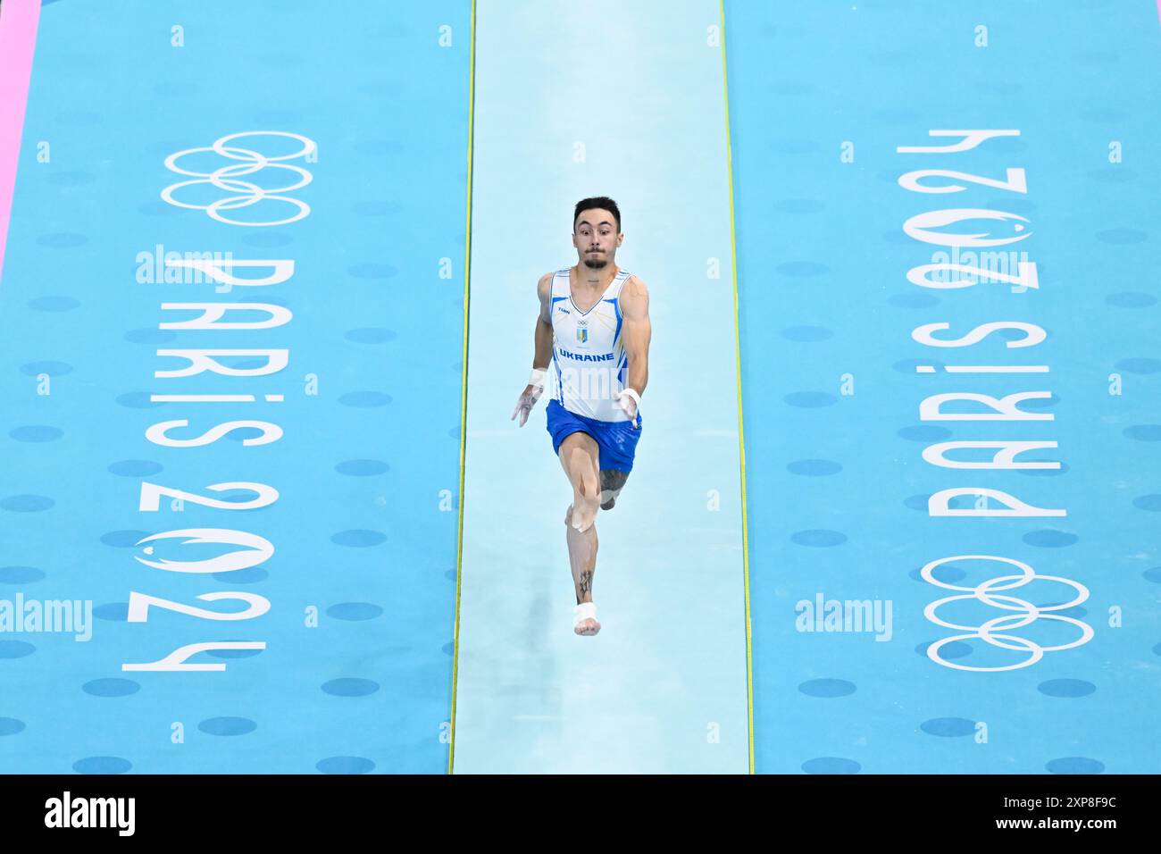 Nazar Chepurnyi ( UKR ), Kunstturnen, Men's Vault Final während der Olympischen Spiele Paris 2024 am 4. August 2024 in der Arena Bercy in Paris, Frankreich Stockfoto Nazar Chepurnyi ( UKR ), Kunstturnen, Men's Vault Final während der Olympischen Spiele Paris 2024 am 4. August 2024 in der Arena Bercy in Paris, Frankreich Stockfoto
