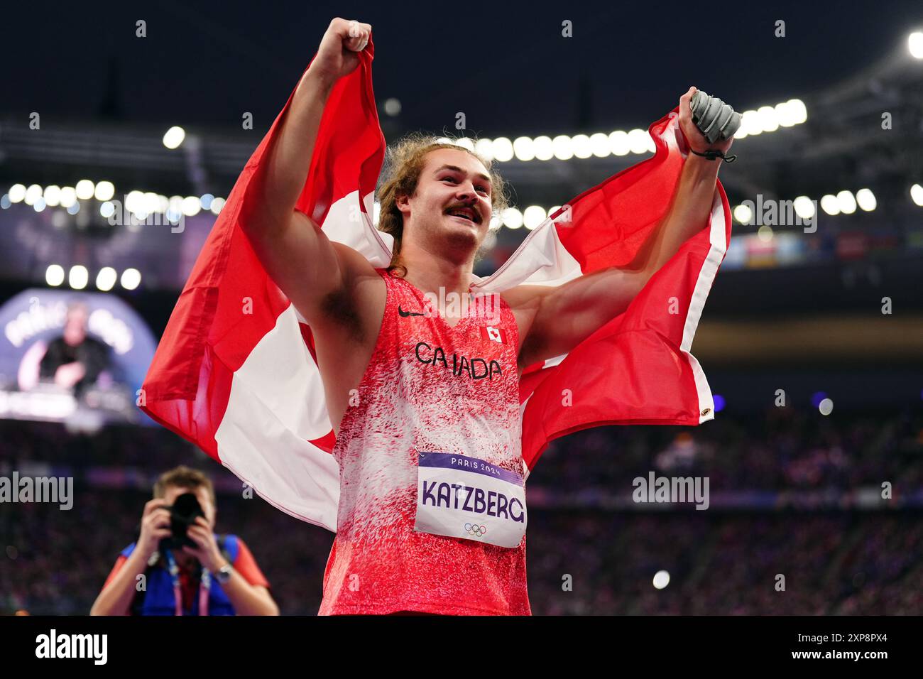 Kanadier Ethan Katzberg nach dem Hammer-Wurffinale der Männer im Stade de France am neunten Tag der Olympischen Spiele 2024 in Frankreich. Bilddatum: Sonntag, 4. August 2024. Stockfoto