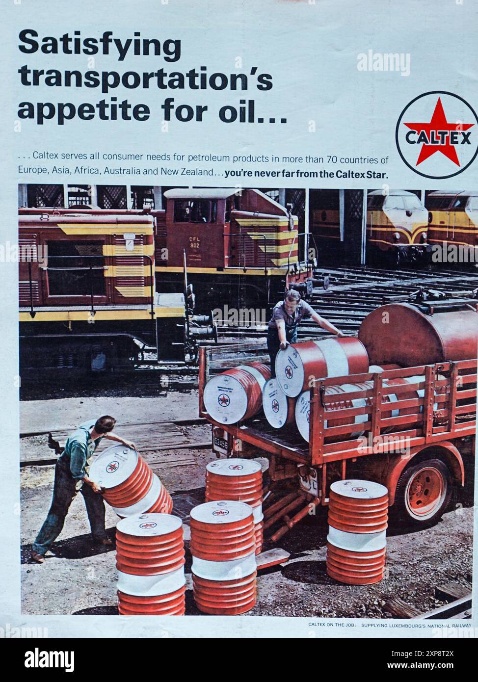 Vintage 1965 Werbung für Caltex, „Supply Transportations Appetite for oll“ Stockfoto