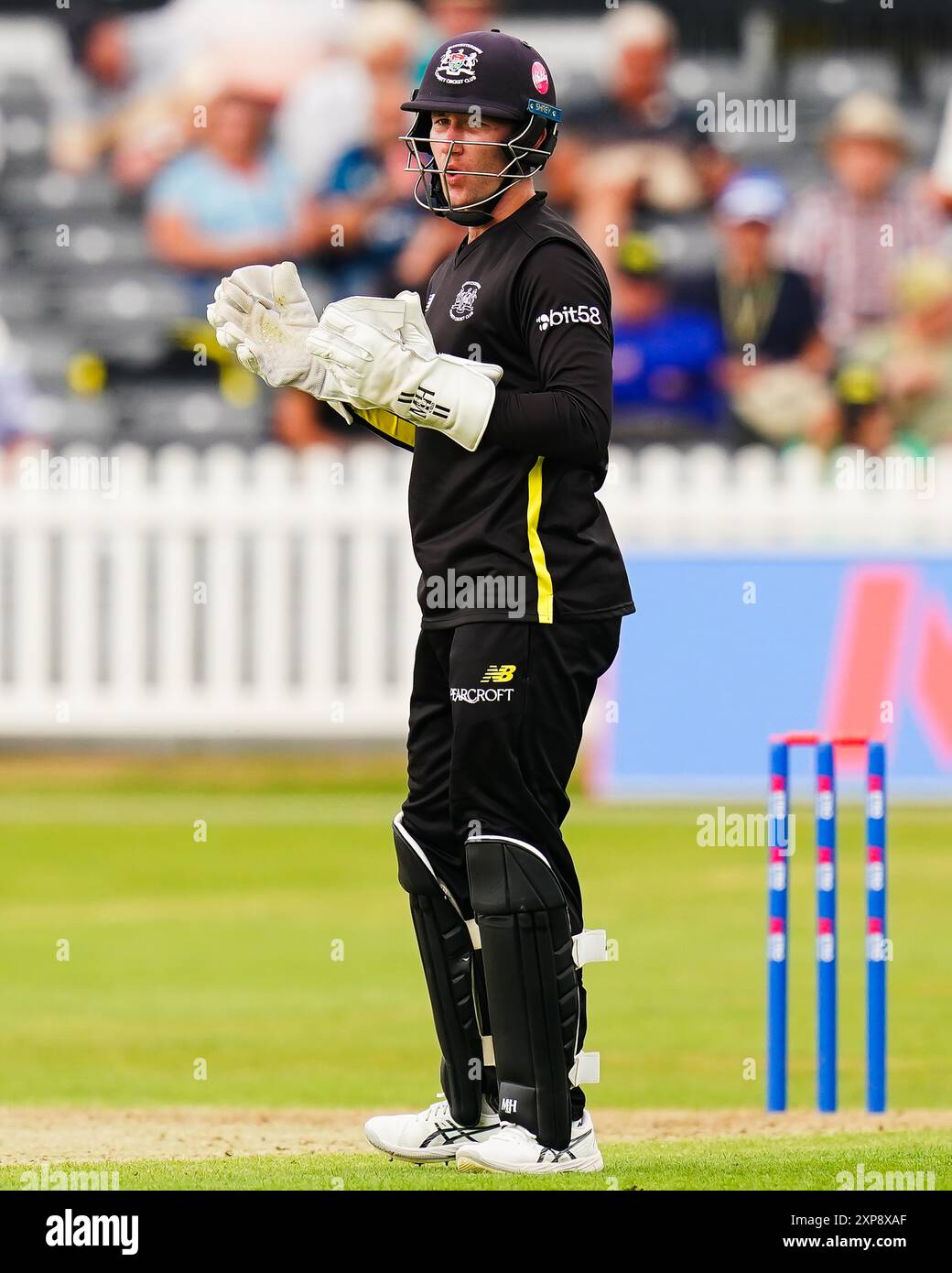 Bristol, Großbritannien, 4. August 2024. James Bracey, der in Gloucestershire spielt, ist beim One-Day-Cup-Spiel der Metro Bank zwischen Gloucestershire und Warwickshire frustriert. Quelle: Robbie Stephenson/Gloucestershire Cricket/Alamy Live News Stockfoto