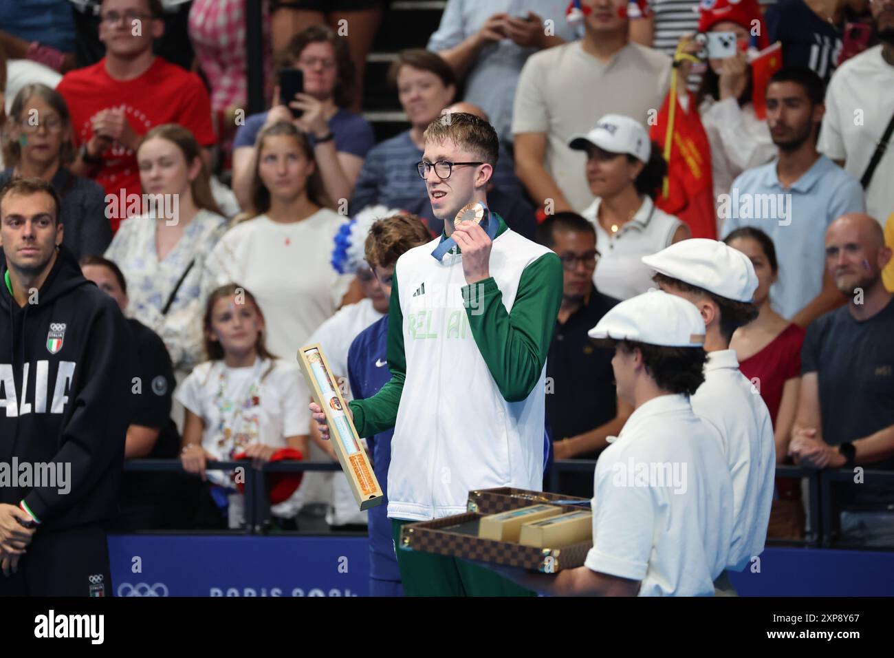 Paris, Ile de France, Frankreich. August 2024. Daniel Wiffen (Irland) bei der 1.500-Meter-Freistil-Medaille der Männer während der Olympischen Sommerspiele 2024 in Paris La Défense Arena. (Kreditbild: © David G. McIntyre/ZUMA Press Wire) NUR REDAKTIONELLE VERWENDUNG! Nicht für kommerzielle ZWECKE! Quelle: ZUMA Press, Inc./Alamy Live News Stockfoto