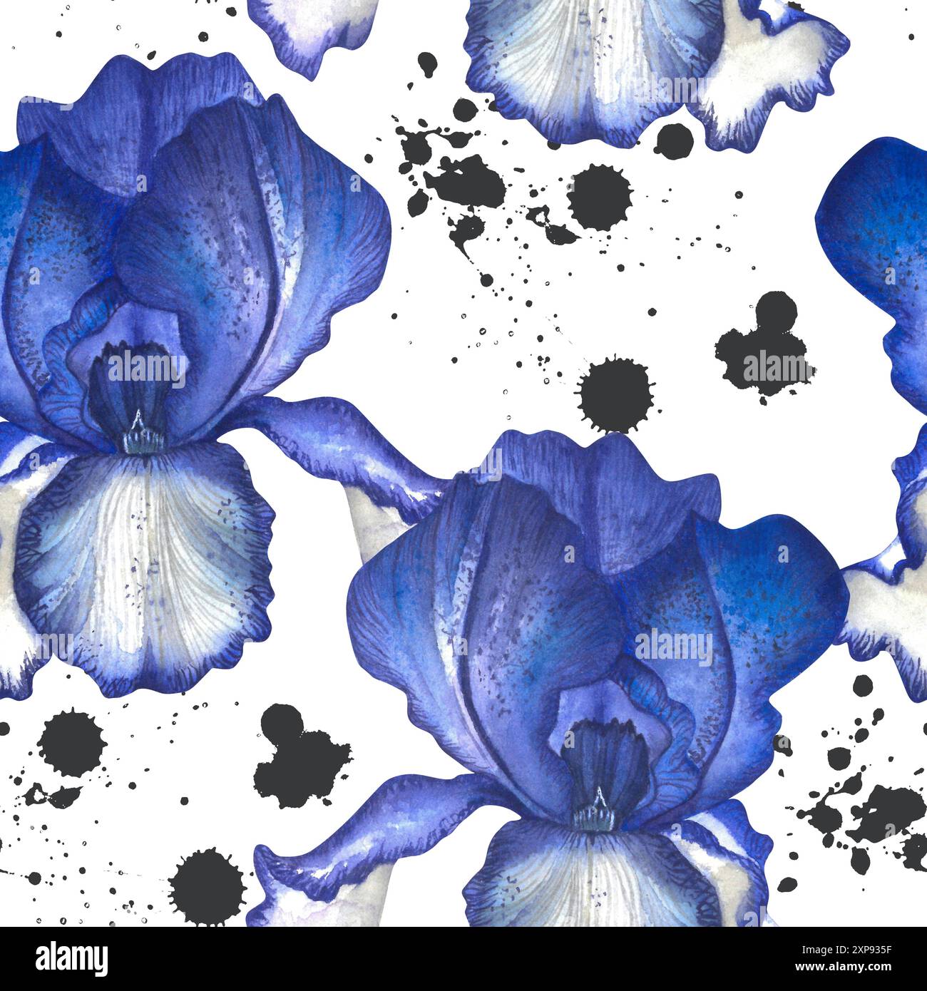 Irisblumen und Tintenflecken. Aquarell handgezeichnete botanische Illustration von Blumen. Nahtloses Muster Stockfoto