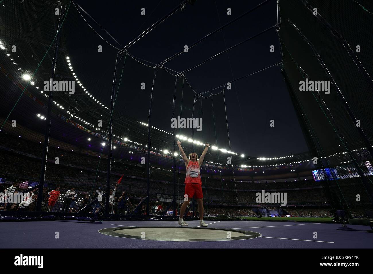 Paris, Frankreich. August 2024. Ethan Katzberg aus Kanada reagiert auf das Finale der Athletik bei den Olympischen Spielen 2024 in Paris, Frankreich, 4. August 2024. Quelle: Li Ming/Xinhua/Alamy Live News Stockfoto