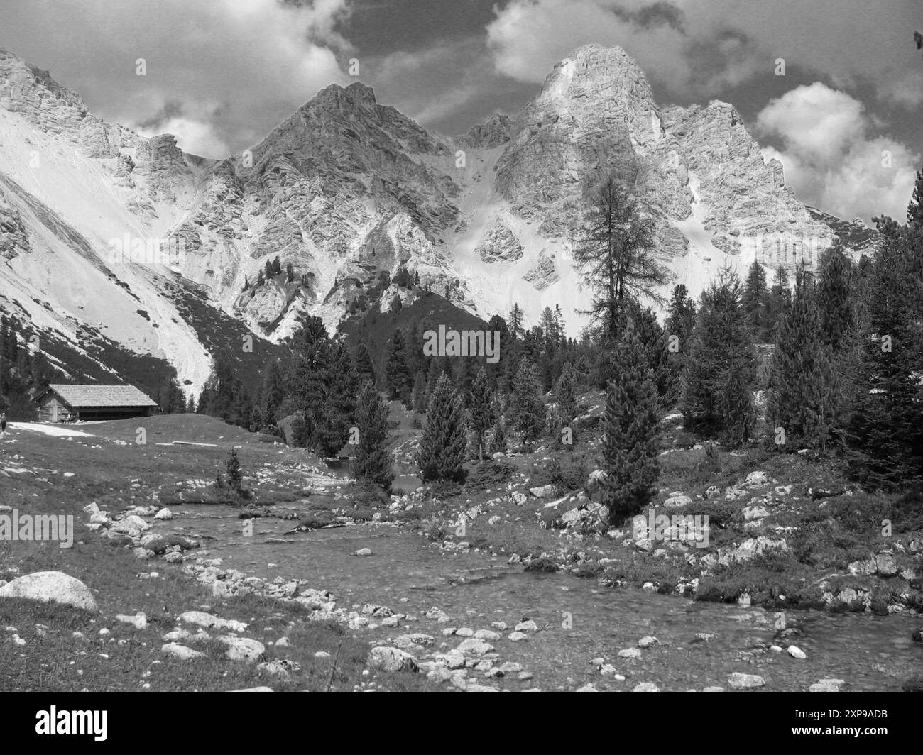 Malerischer Blick auf die schneebedeckten dolomiten und die grüne Landschaft in den Alpen, Italien Stockfoto