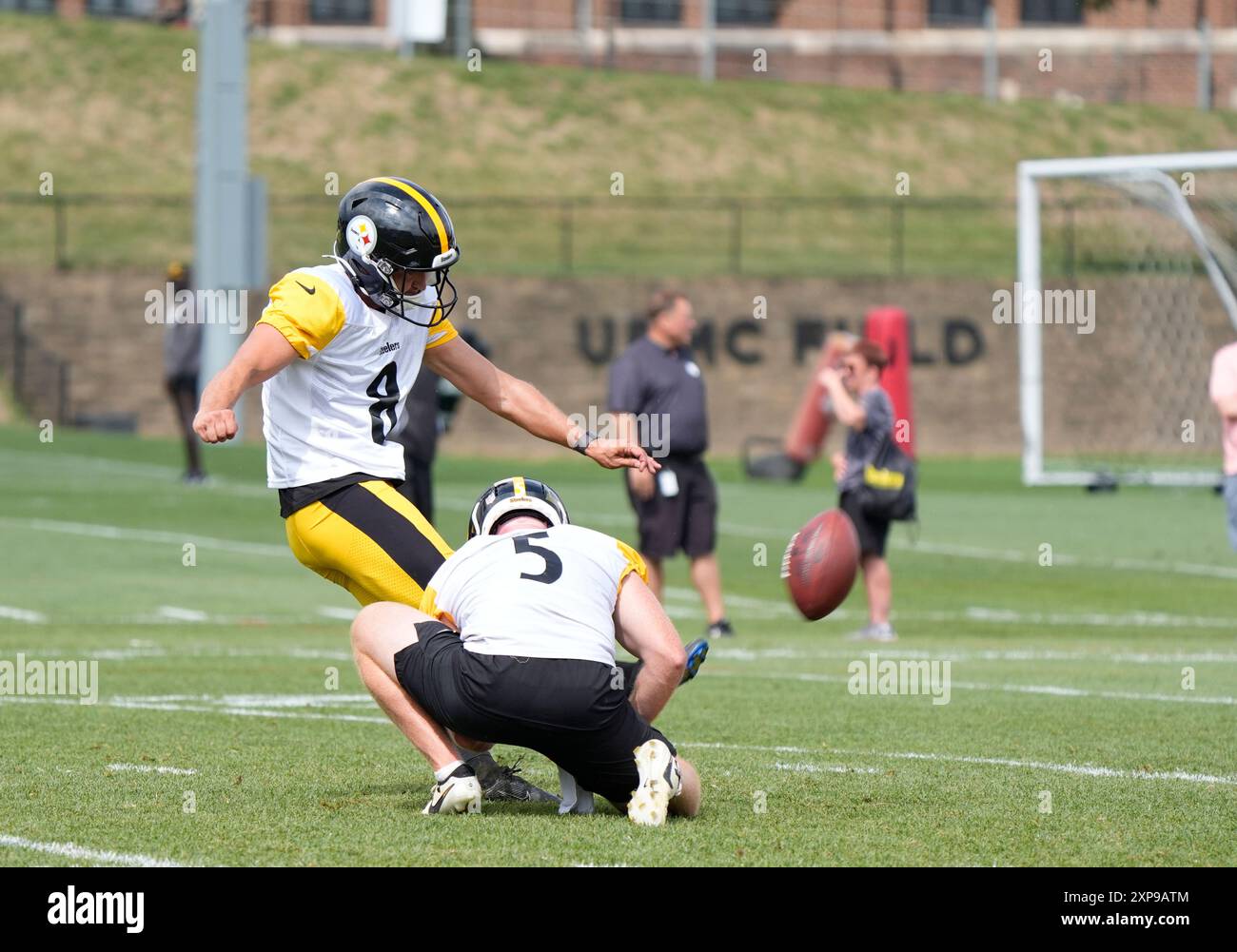 Latrobe, Pennsylvania, USA. August 2024. 3. August 2024: Matthew Wright #9 während der Pittsburgh Steelers organisierte Team Activities (OTA) in Pittsburgh PA im UPMC Rooney Sports Complex. Brook Ward/AMG (Credit Image: © AMG/AMG Via ZUMA Press Wire) NUR REDAKTIONELLE VERWENDUNG! Nicht für kommerzielle ZWECKE! Stockfoto