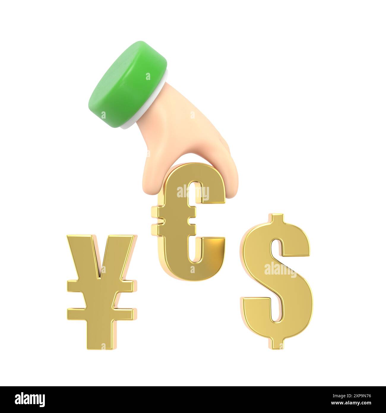 Mockup Für Das Symbol Für Die Zeichentrickgeste. 3D-Hand- und Währungszeichen Ja Konzept, 3D-Rendering auf weißem Hintergrund. Stockfoto