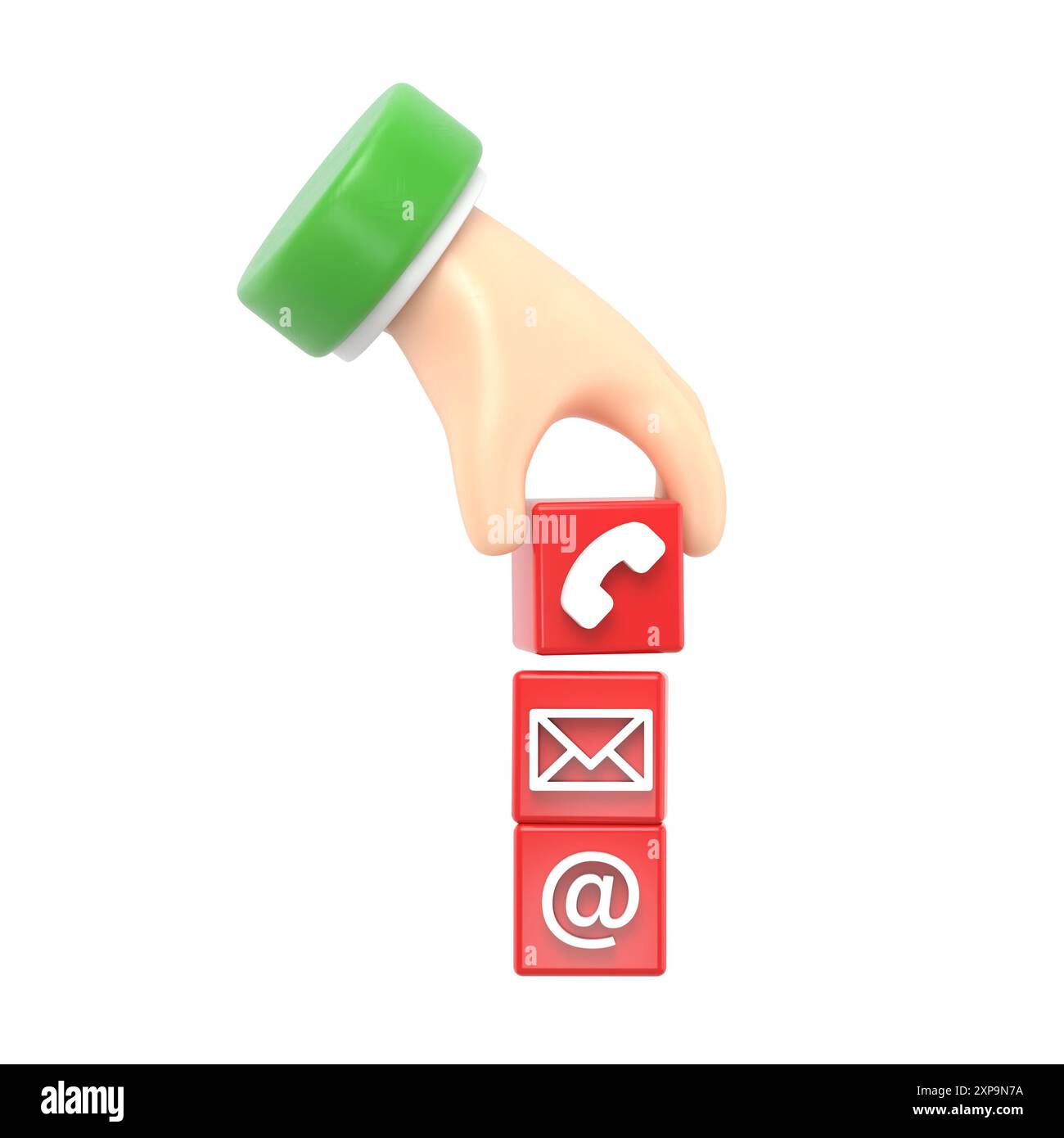 Mockup Für Das Symbol Für Die Zeichentrickgeste. 3D-Handstapel von drei Kontaktsymbolen, 3D-Rendering auf weißem Hintergrund. Stockfoto