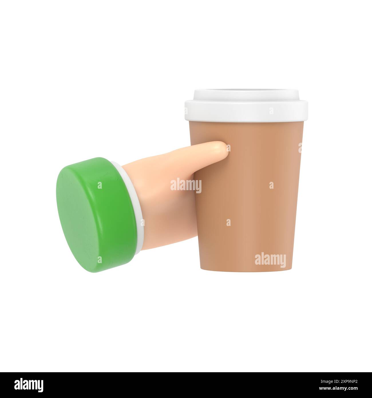 Cartoon Gesture Symbol Mockup.Сup von Kaffee in der Hand, 3D-Rendering auf weißem Hintergrund. Stockfoto