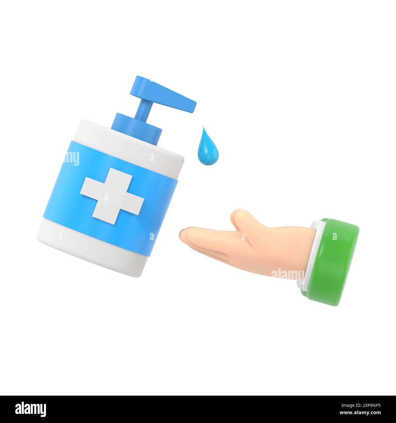 Antibakterielles Gel zur Händedesinfektion. Flasche Antiseptikum. Desinfektionskonzept. Flache 3D-Illustration. Präventives Coronavirus COVID-19. Pro Stockfoto