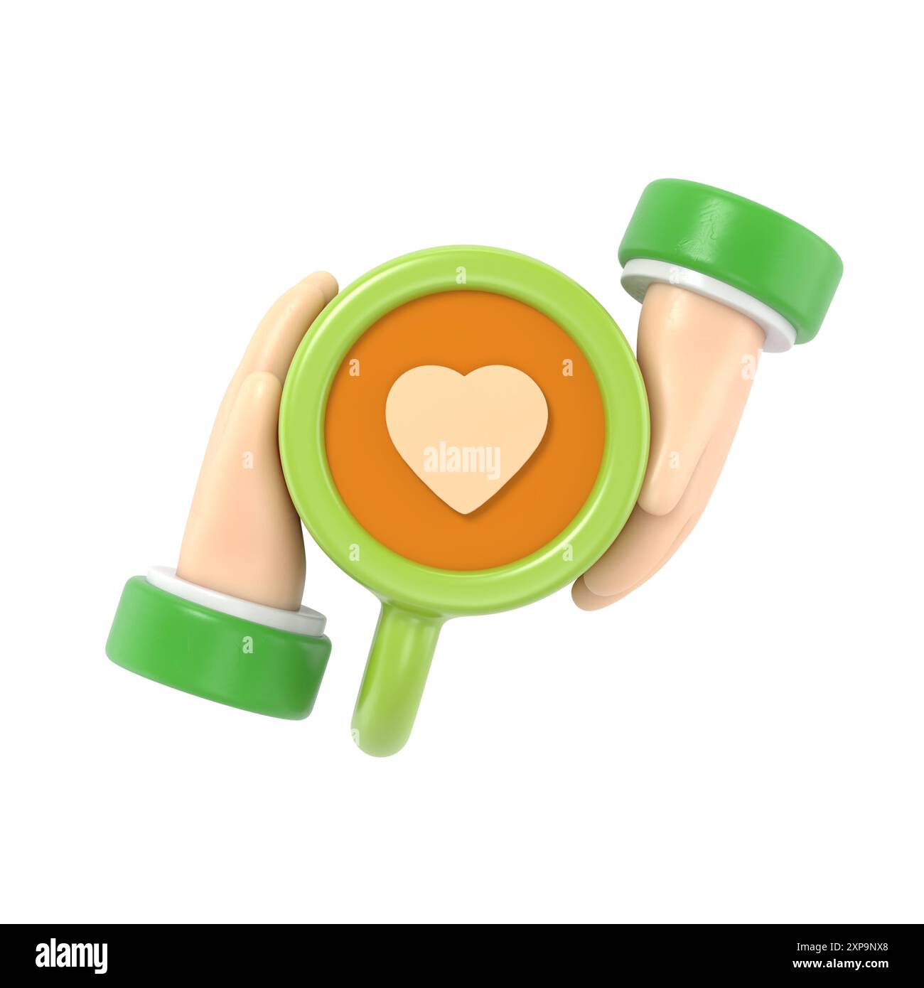 Verliebte Frauen und Männer halten eine Tasse Kaffee mit einem herzförmigen Schokoladensymbol. Alles Gute zum Valentinstag. Vorlage für Grußkarte.3D-Rendering auf W Stockfoto