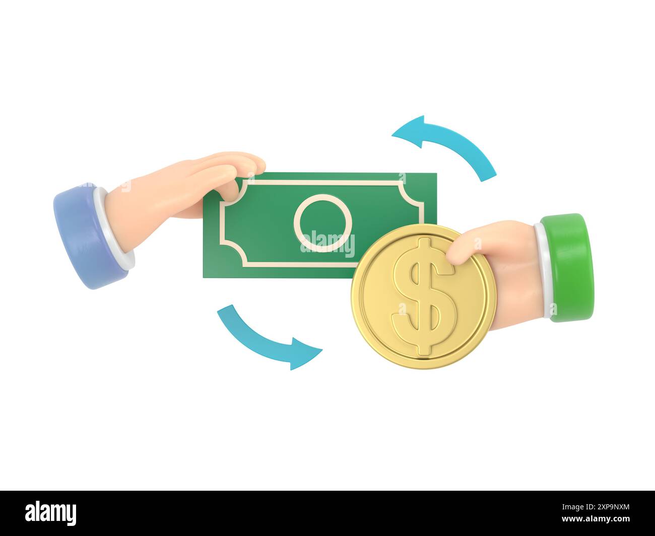 3D-Münzumtausch über Banknot. Halten von Geld im Business-Hand-Konzept. Finanzinvestitionen und Online-Zahlungen.3D-Rendering auf weißem Hintergrund. Stockfoto