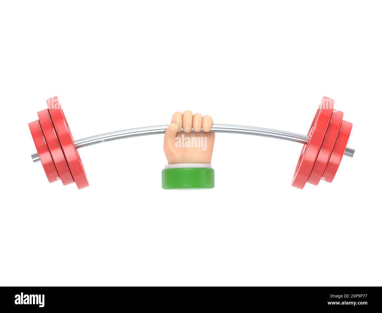 Starkes Konzept. Symbol „Barbell in Hands“. Hand eines Mannes, der eine Hantel hält. Flache 3D-Illustration. Gewichtheben, Training hart Konzept. Sportliche Fitness Stockfoto