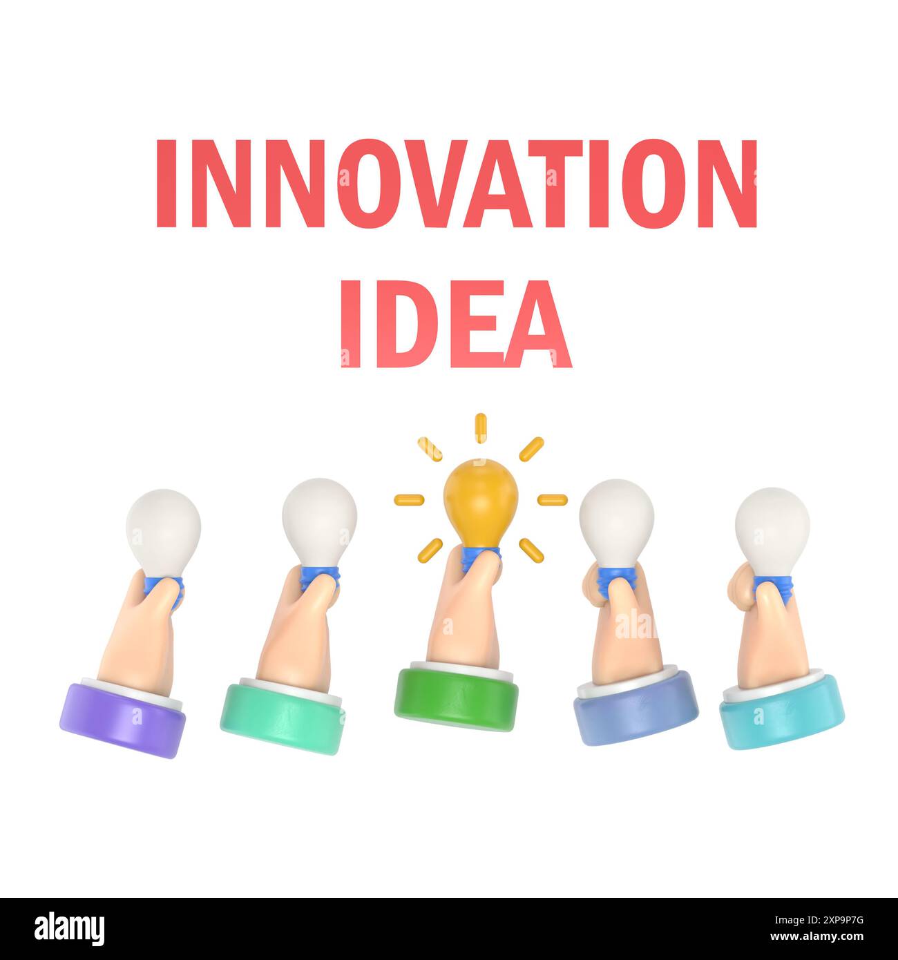 Einzigartige Idee. Konzept der Handlampe. Innovative Technologie. 3D-Illustration im flachen Design. Elektrische Lampe als Symbol der Kreativität. Stockfoto