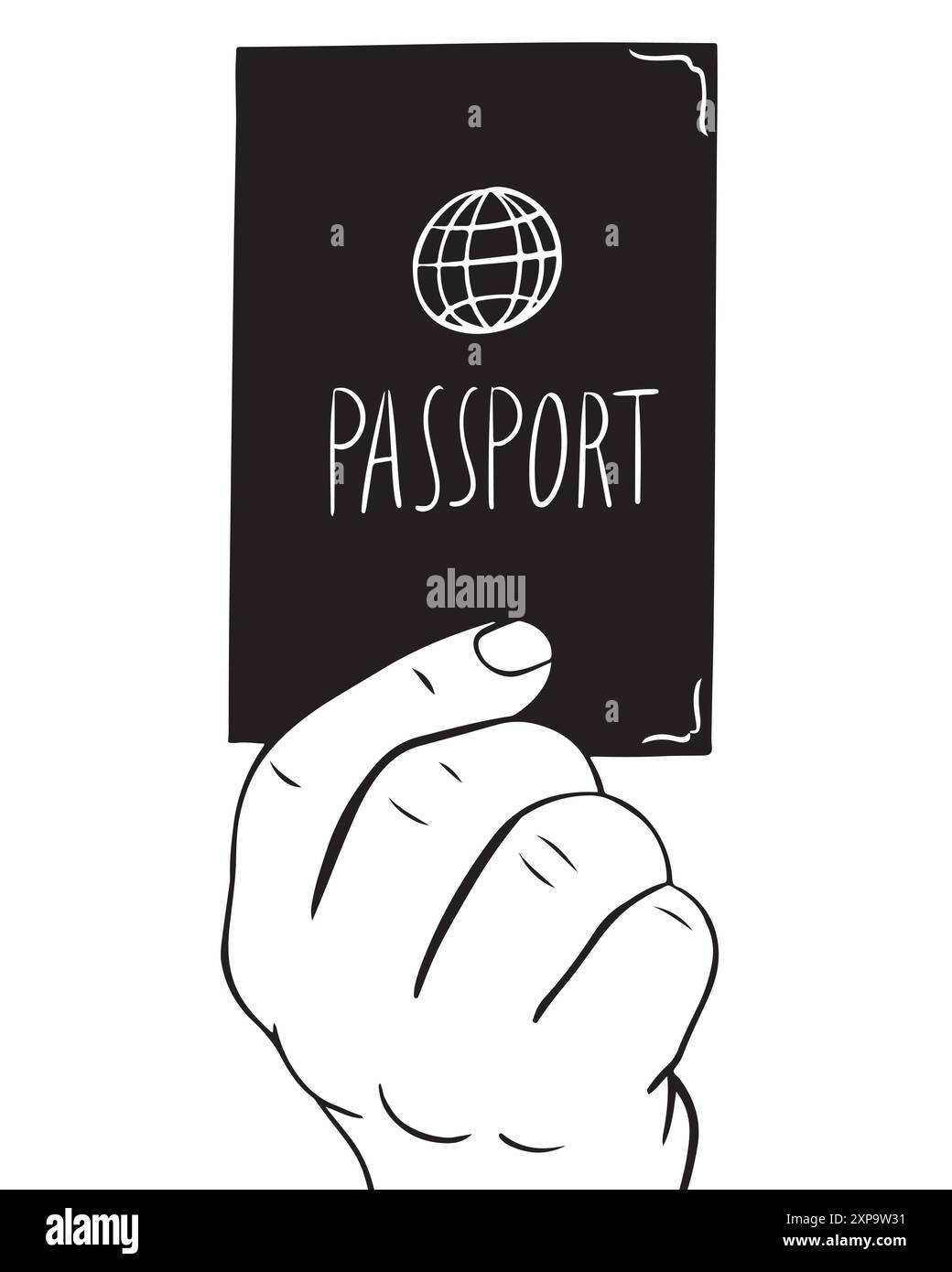 Die Hand hält Pässe. Lineare Vektorzeichnung, Dokumentenkontrolle, Zoll, Flughafenkontrolle. Reiseabbildung. Stock Vektor