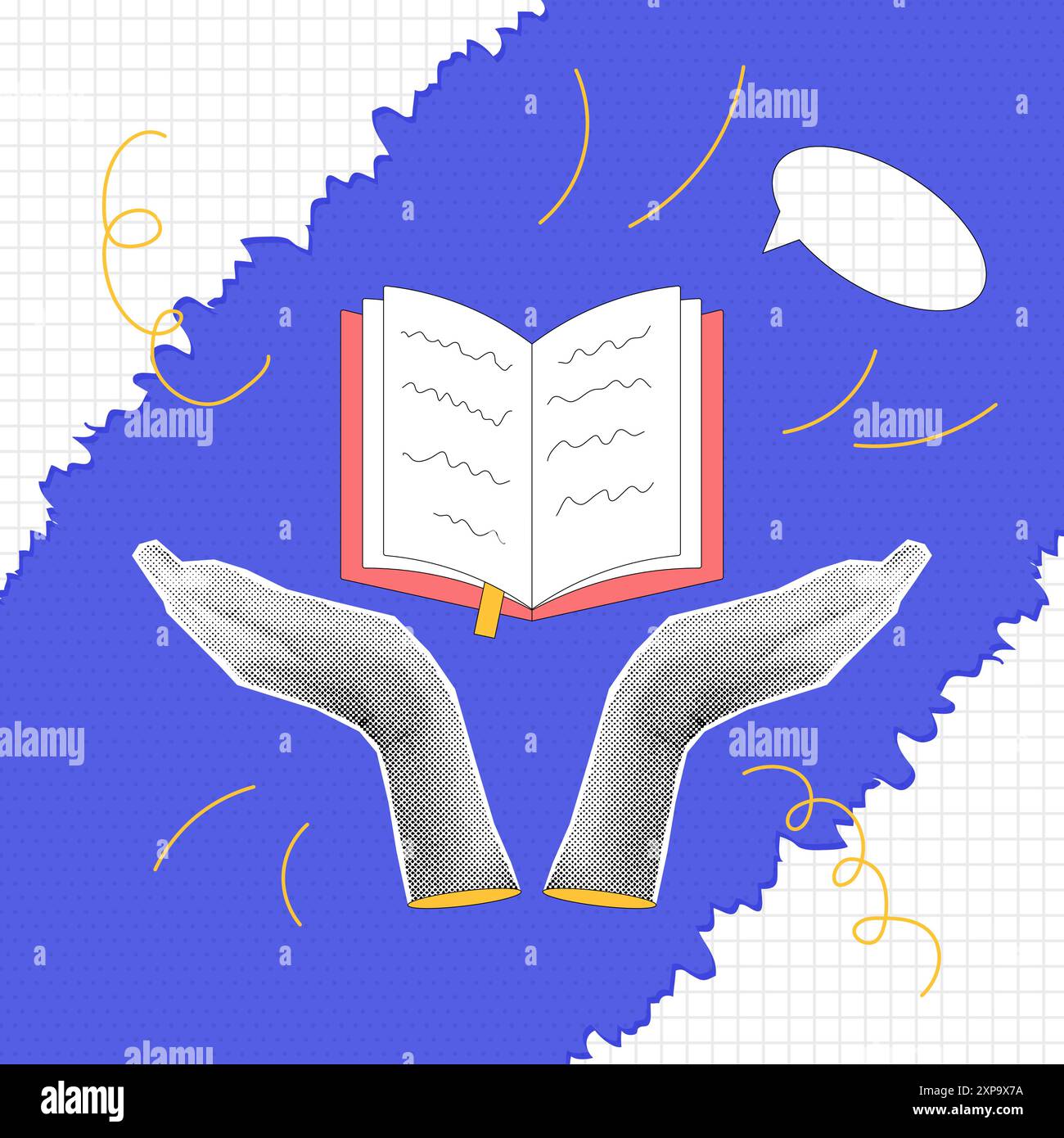 Halbtoncollage Hände und offenes, schwimmendes Buch mit Handschrift, zerrissenem Papier. Karte mit Bildungskonzept auf blau gepunktetem Hintergrund. Zeitgenössische Vektorillustration Stock Vektor