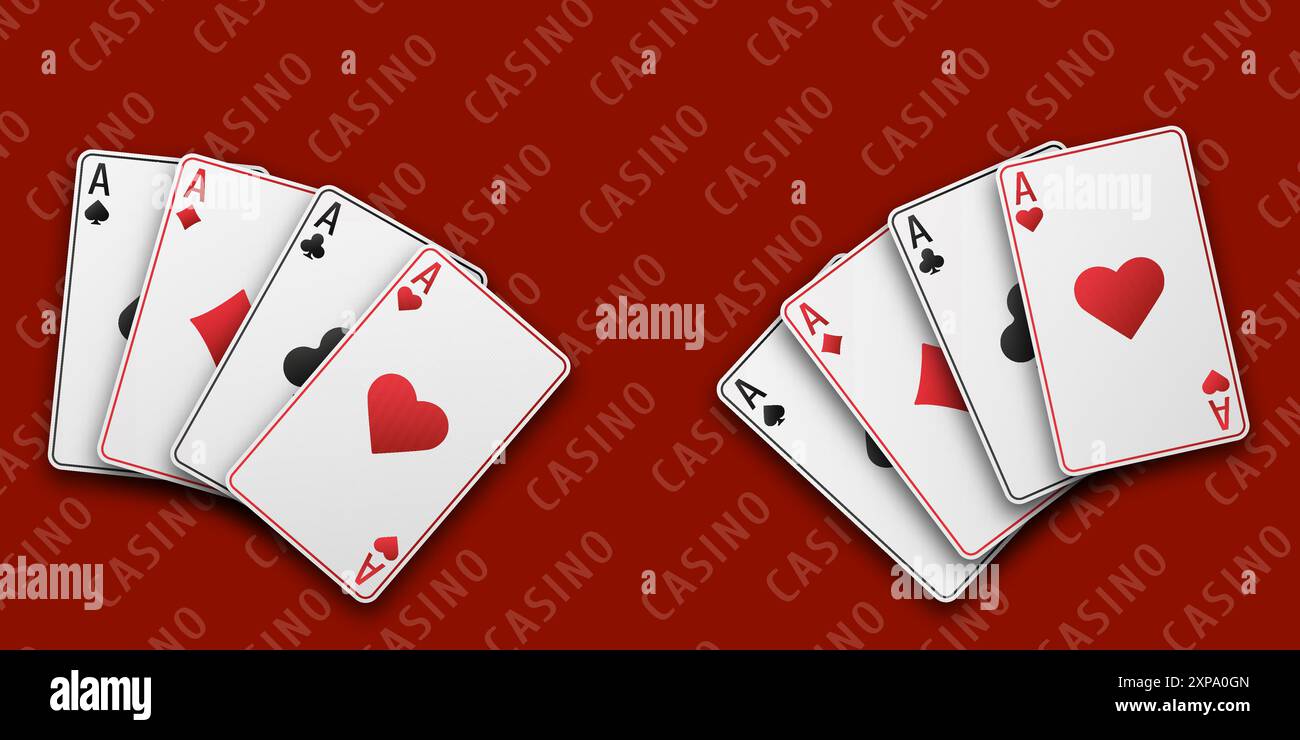 Casino-Konzept. Fans von Karten mit Handspielen. Roter Spieltisch. Asse mit dem Anzug aus Herzen, Schlägern, Diamanten und Pik. Vetor-Abbildung. Stock Vektor