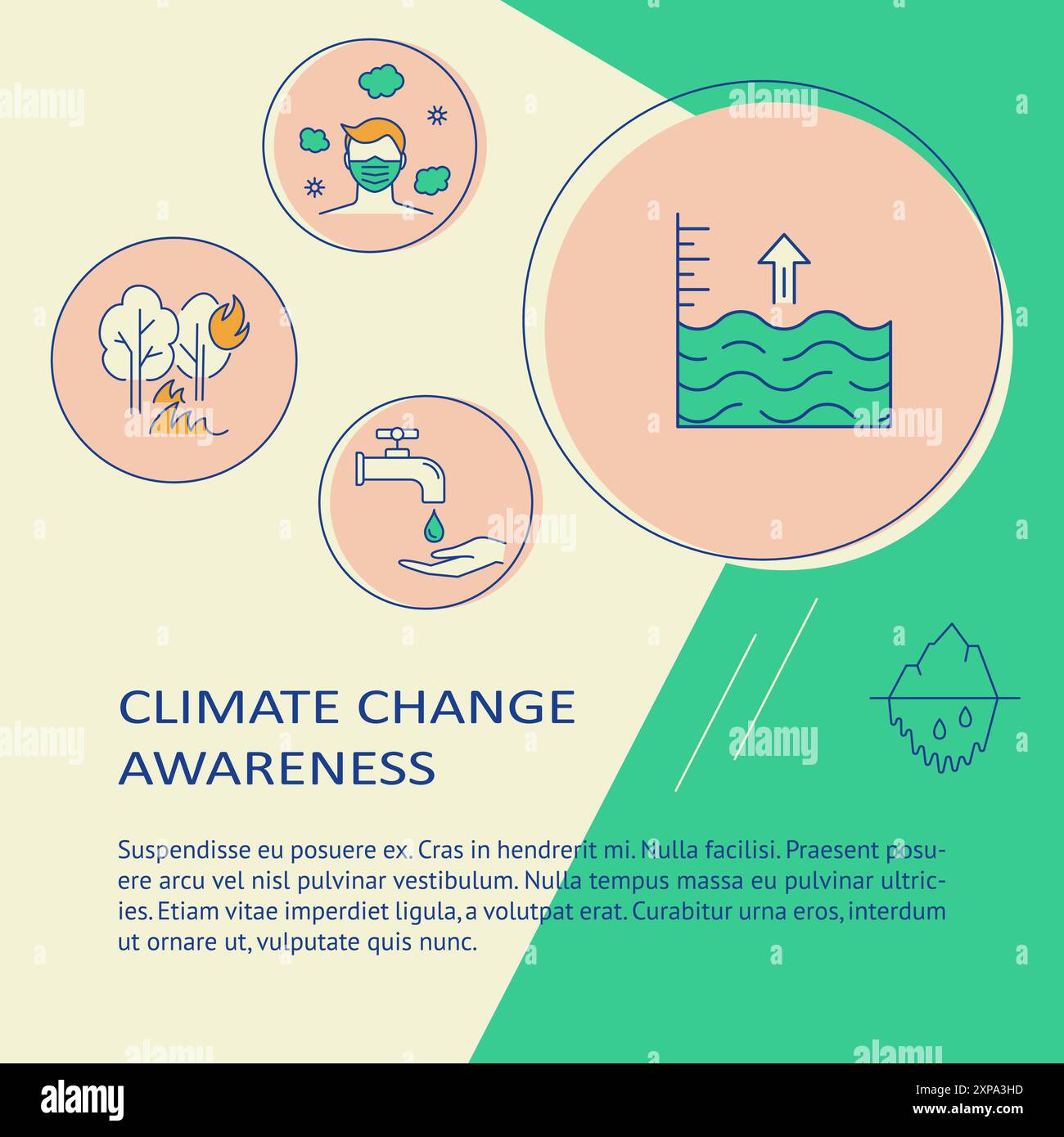 Banner-Vorlage für das Bewusstsein für den Klimawandel mit Platz für Text. Der Meeresspiegel steigt, die globale Erwärmung. Vektorabbildung. Stock Vektor