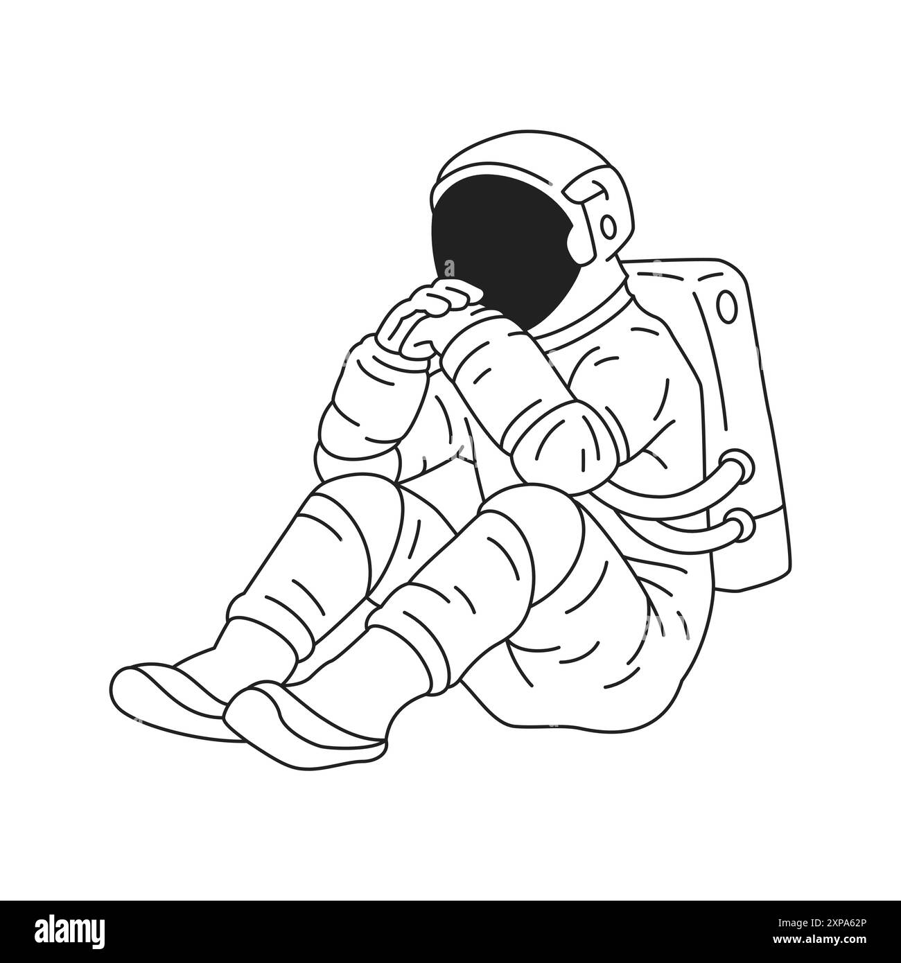 Y2K nachdenklicher Astronaut sitzend denkend Comic Umriss Icon Vektor flache Illustration. Müde nachdenkliche Kosmonaut in Helm und Raumanzug, die Universum planen Stock Vektor