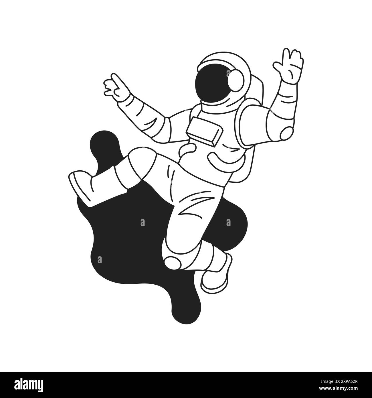 Y2K abstrakter fliegende Astronaut in Raumanzug Galaxienerkundung Umriss Icon Vektor flache Illustration. Kosmonaut im Helm, der an der weltraumunive schwimmt Stock Vektor