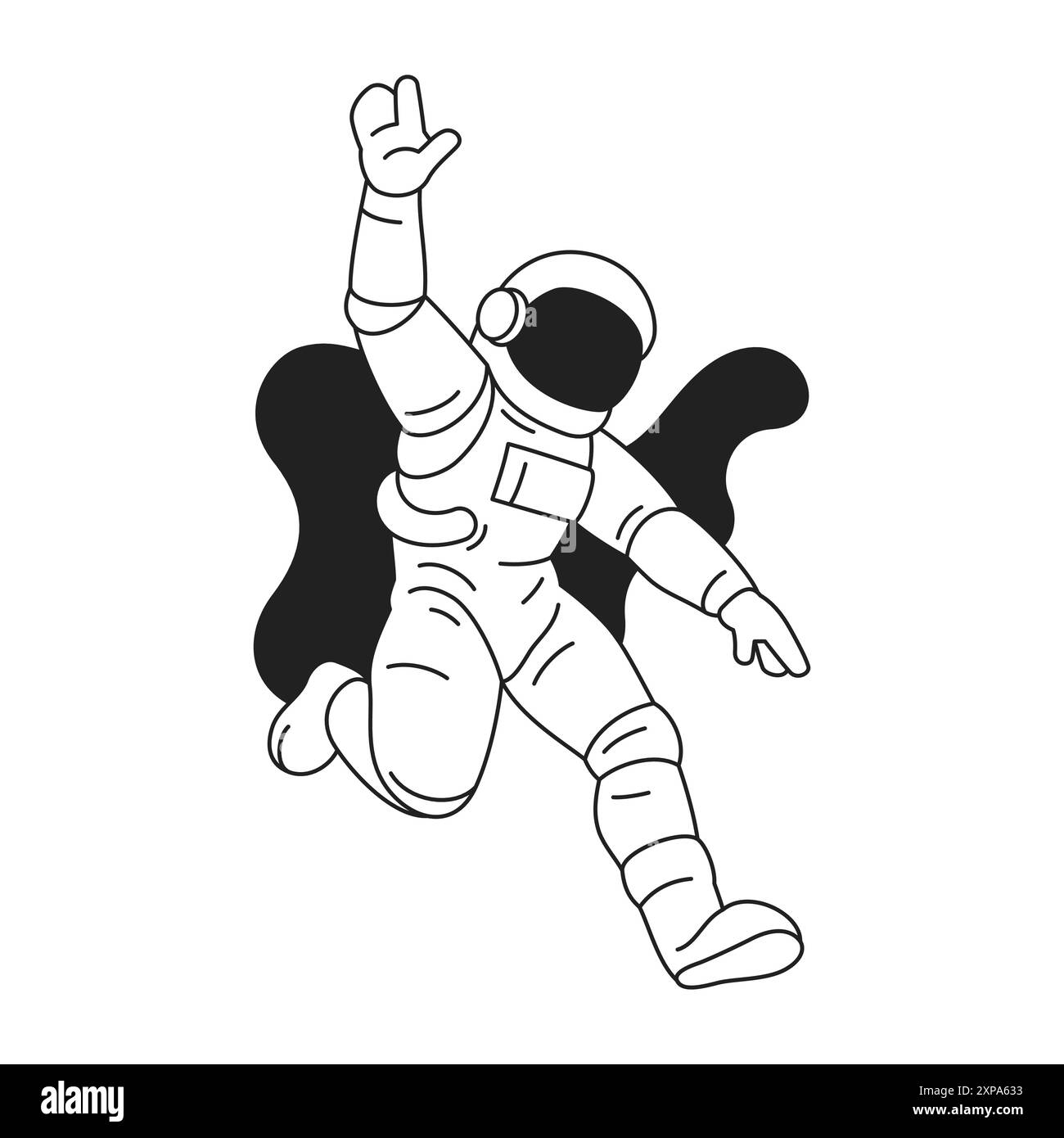 Y2K glücklicher Astronaut im Raumanzug Begrüßung zeitgenössischer Pop Art Umriss Icon Vektor flache Illustration. Kosmonaut in der Reisemalaxie e des Open Space Universums Stock Vektor