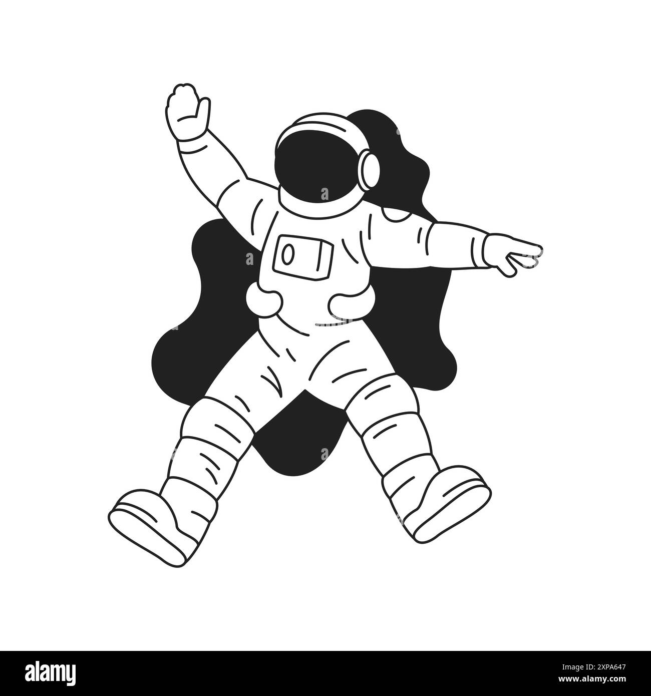 Y2K fliegender Kosmonaut im Raumanzug zeitgenössische Pop Art Umrisssymbolvektor flache Illustration. Astronautengruß Willkommen im Open Space Galaxy Explorat Stock Vektor