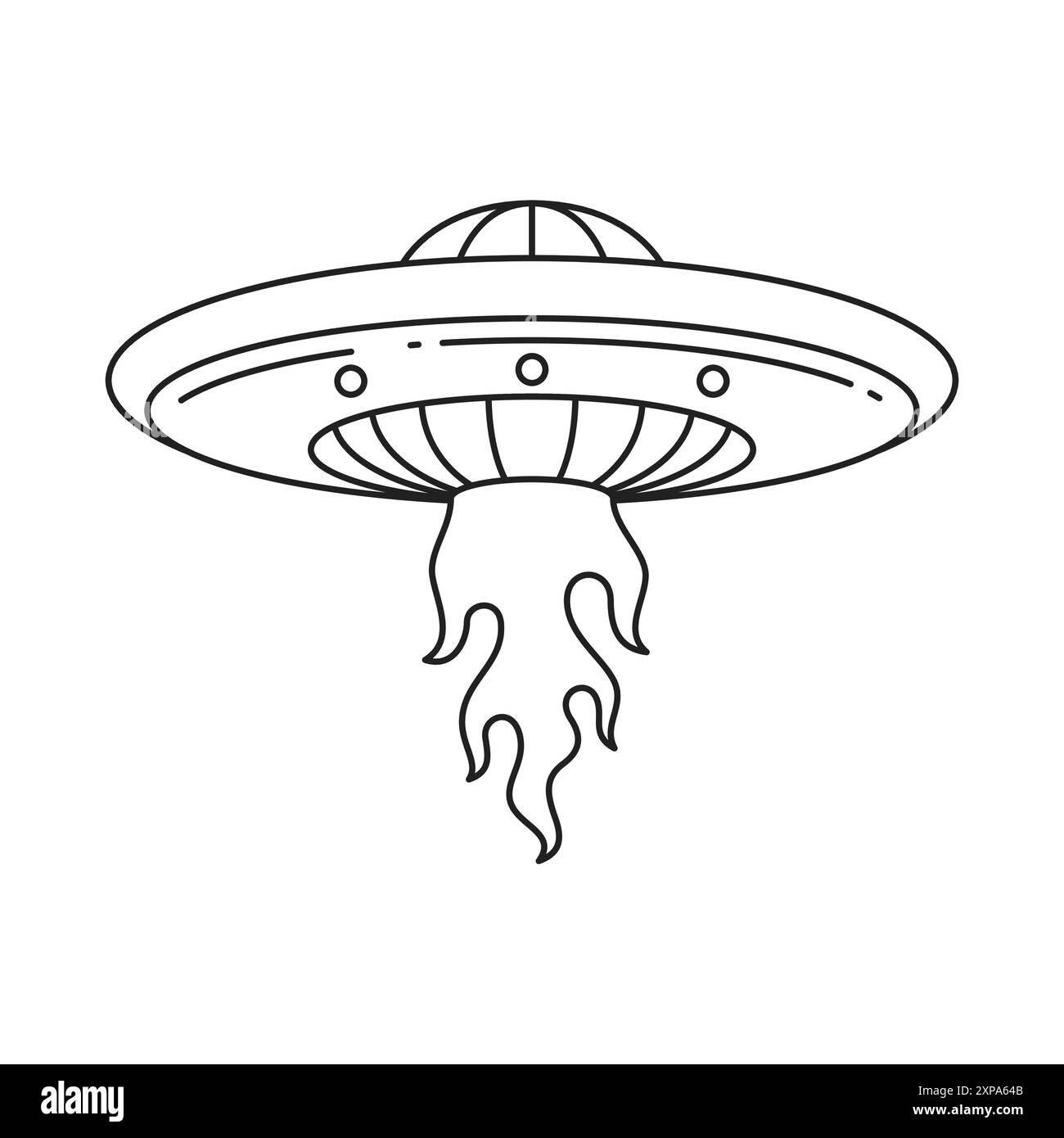 Y2K Alien Raumschiff Untertasse Start mit brennender Flamme Pop Art Umriss Icon Vektor Illustration. Futuristische UFO-Weltraumreise humanoide Transportati Stock Vektor