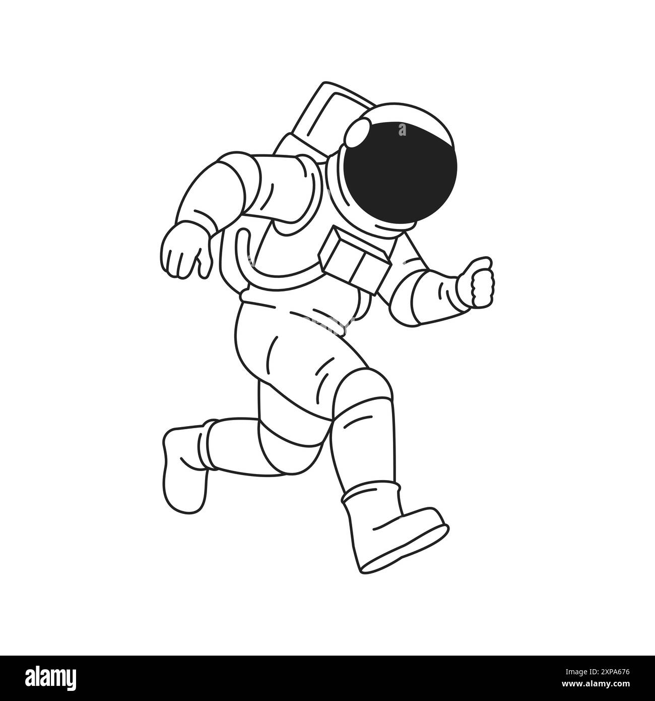 Y2K Astronaut im Helm Raumanzug weglaufen Comic Umriss Icon Vektor flache Illustration. Kosmonautengalaxie Universum Reise psychedelische Science Ficti Stock Vektor