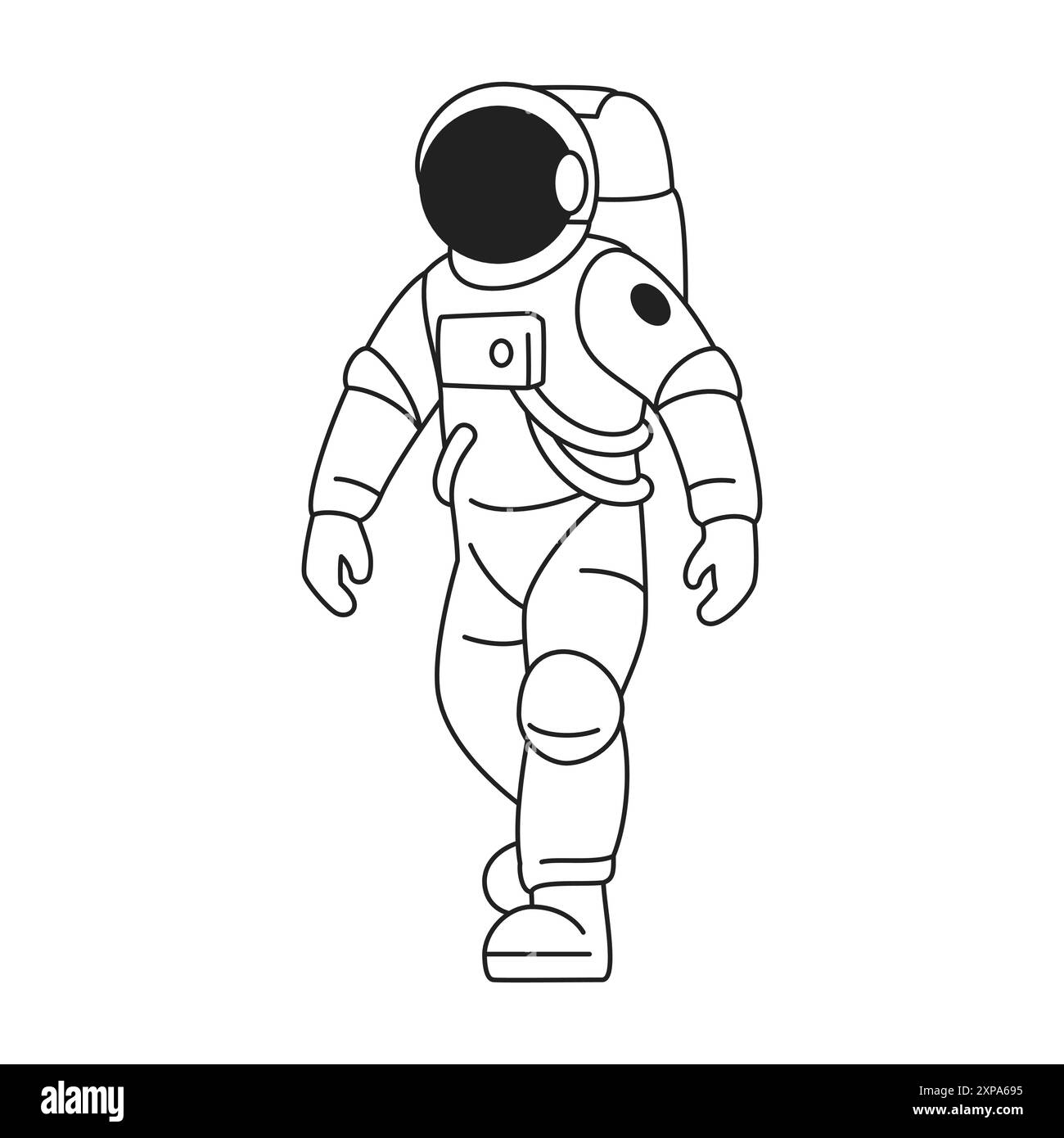 Y2K Astronaut im Raumanzug im Weltraum Comic Umriss Icon Vektor flache Illustration. Futuristischer Kosmonaut in der Helmwandeluniverselle Galaxie tr Stock Vektor