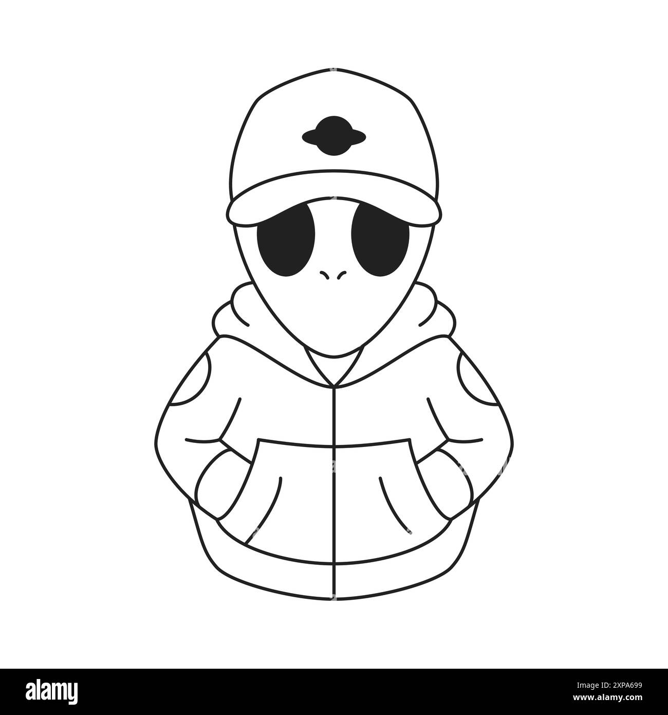 Y2K Mode Alien futuristisch UFO Street Style zeitgenössische Pop Art Umriss Icon Vektor flache Illustration. Humanoides Science-Fiction-Porträt in Cap und Stock Vektor