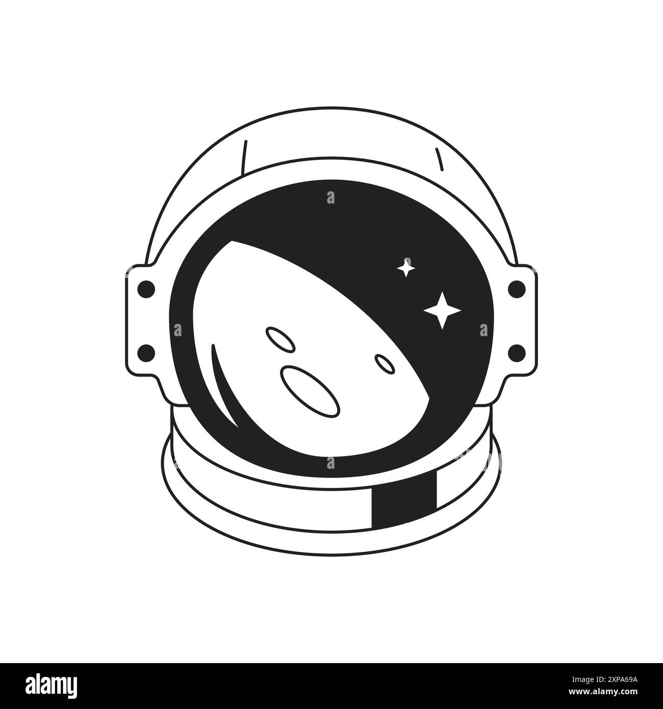 Y2K Kosmonautenhelm mit Planet Galaxie Reflexion Pop Art Umriss Icon Vektor flache Illustration. Astronauten-Raumanzug-Kopfbedeckung futuristischer Personenhafen Stock Vektor