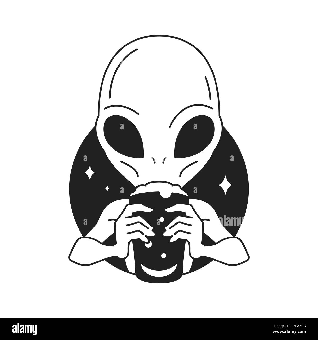 Y2K Alien mit Popcorn Science Fiction Comic zeitgenössische Artwork Umriss Icon Vektor flache Illustration. UFO-futuristischer Charakter mit winzigem Erdplan Stock Vektor