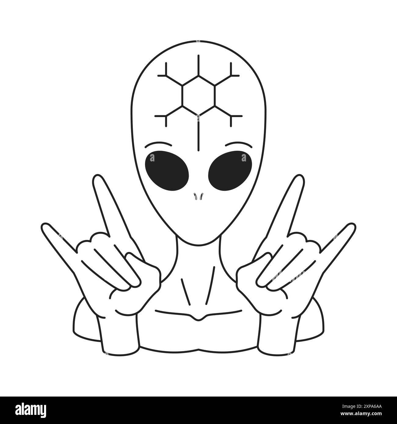 Y2K UFO Alien Rock Cool Finger Geste Porträt zeitgenössische Pop Art Umriss Icon Vektor flache Illustration. Psychedelische humanoide Polygonabstraktion Stock Vektor