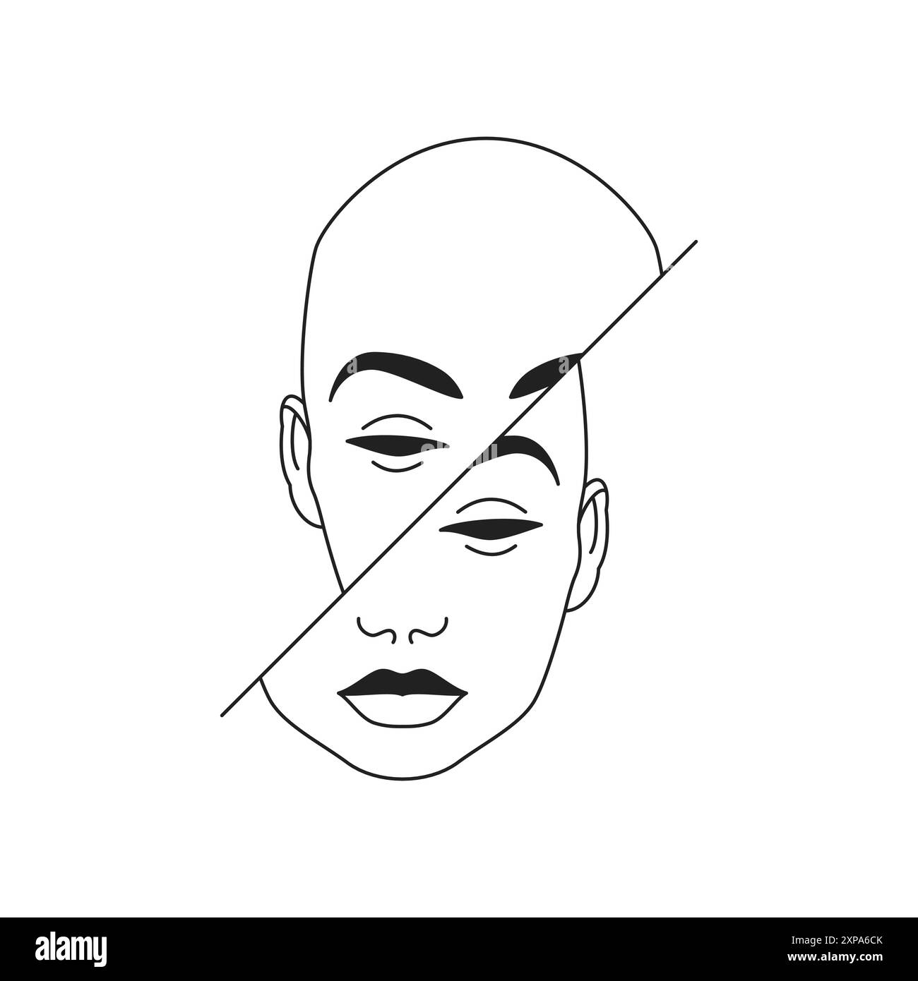 Y2K abstrakter menschlicher Kopf geschnittener Abschnitt psychedelische zeitgenössische Pop Art Linie Icon Illustration. Surreale digitale futuristische Person Slice Distor Stock Vektor