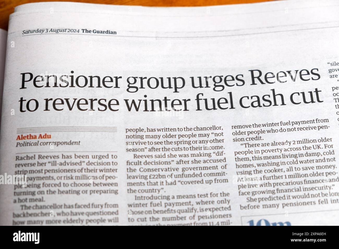 „Pensioner Group dringt Reeves auf, die Kürzung des Winterkraftstoffgelds umzukehren“, titelt die Zeitung Guardian, Senioren-Energiefreiheit artikel 3 August 2024 London Großbritannien Stockfoto