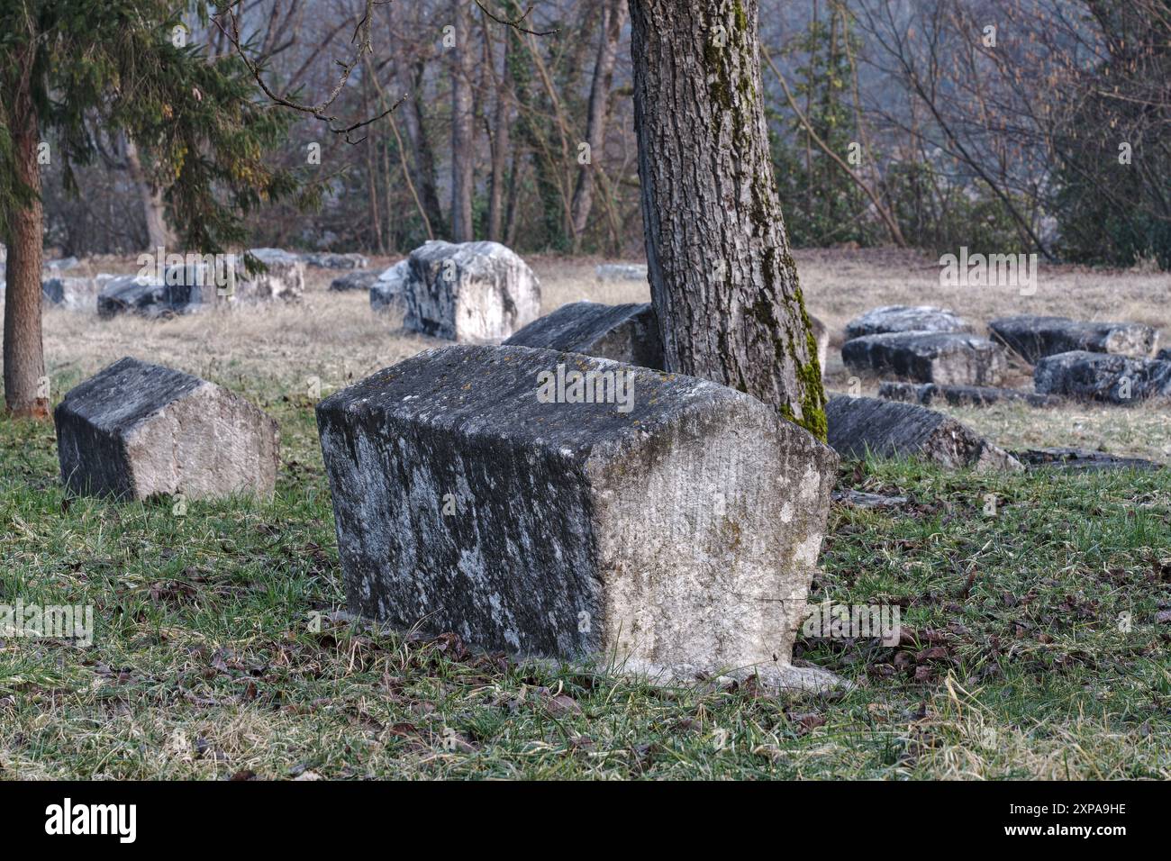 Peručac, Bajina Bašta, Serbien – Februar 2023: Mittelalterlicher Grabstein von Stećak auf der Nekropole von Peručac neben dem Fluss Drina. Die Website ist eingeschrieben Stockfoto