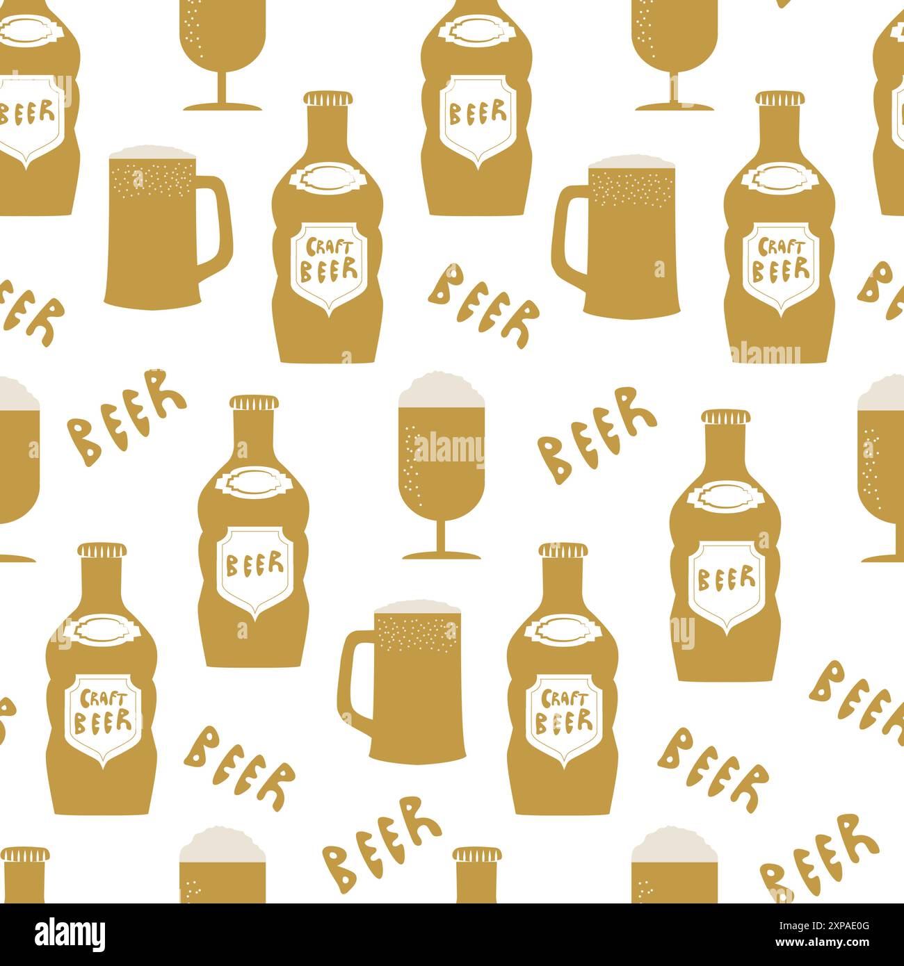 Bierflaschen, Gläser und das Wort Bier nahtlose Vektormuster Hintergrund. Handgezeichnete alkoholische Getränkeflaschen, Schaum-Bierbecher und Text-Hintergrund Stock Vektor